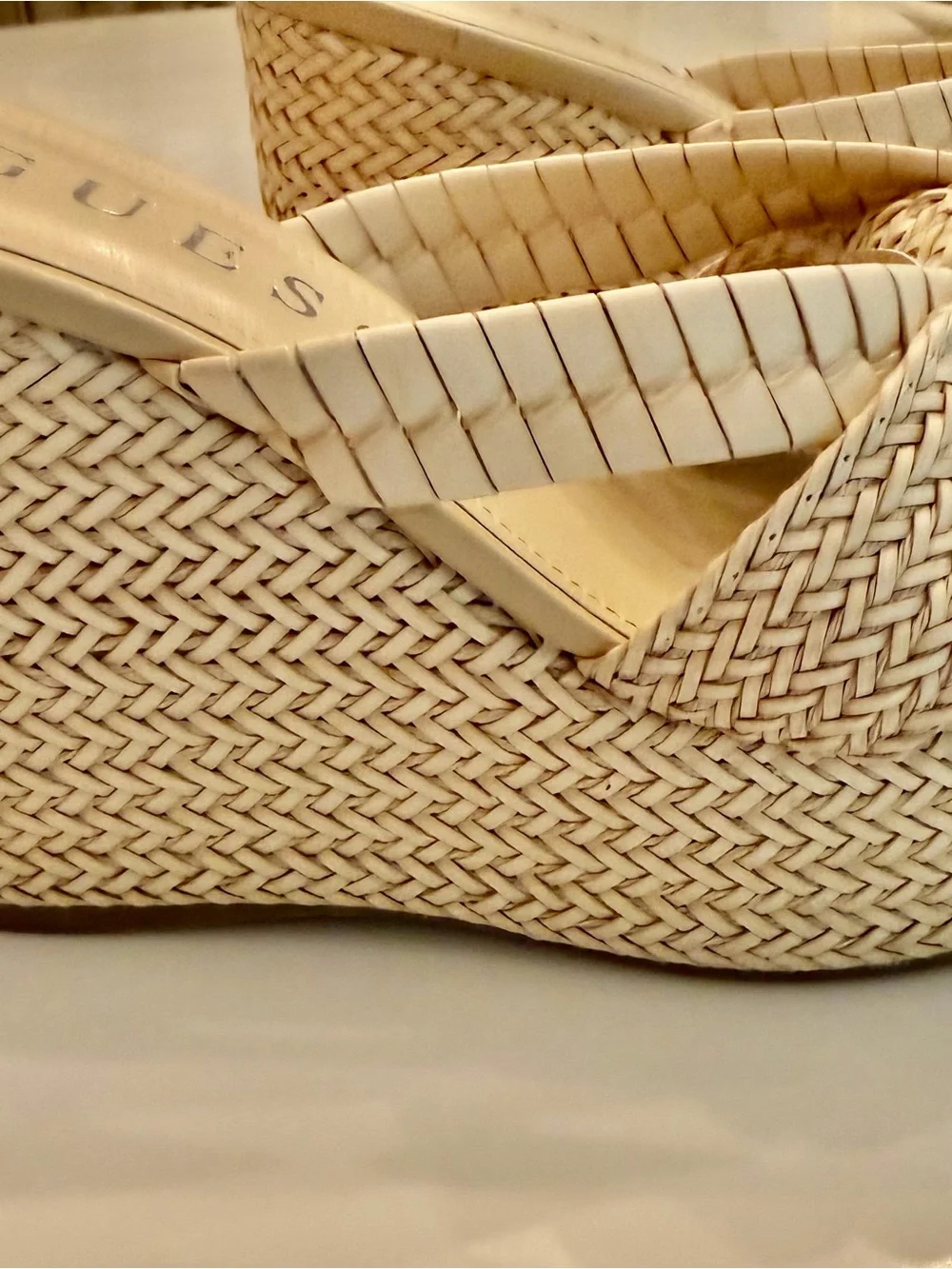 GUESS Cream Woven Platform Wedge Sandals with Braided Straps 8.5